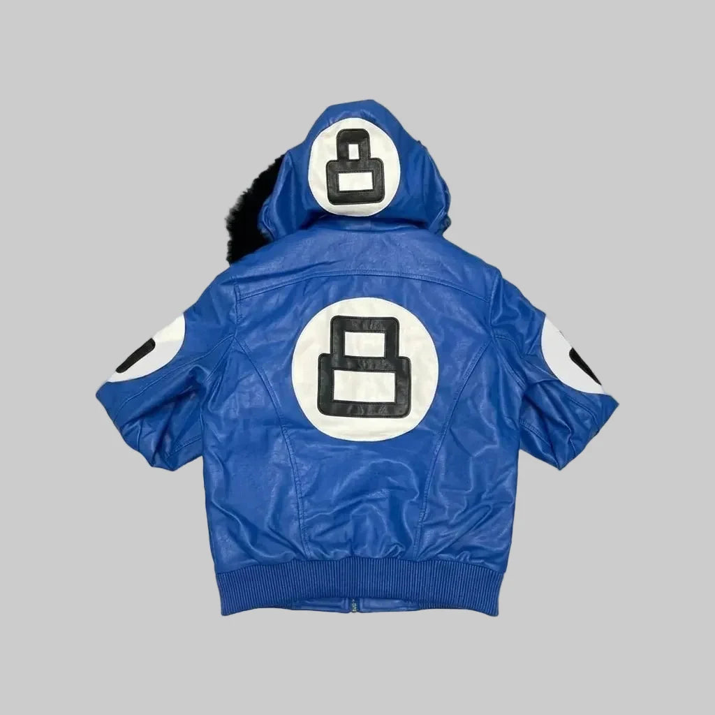 Sowachi Blue Hooded Sheepskin Leather Bomber Jacket For Men