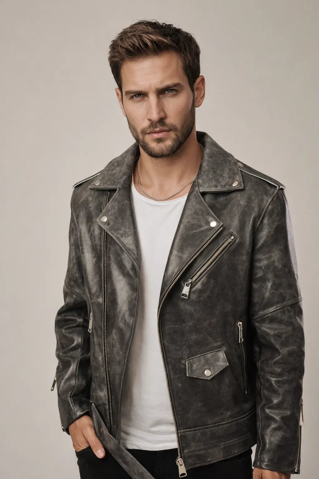 Sowachi Men's Gray Leather Biker Jacket