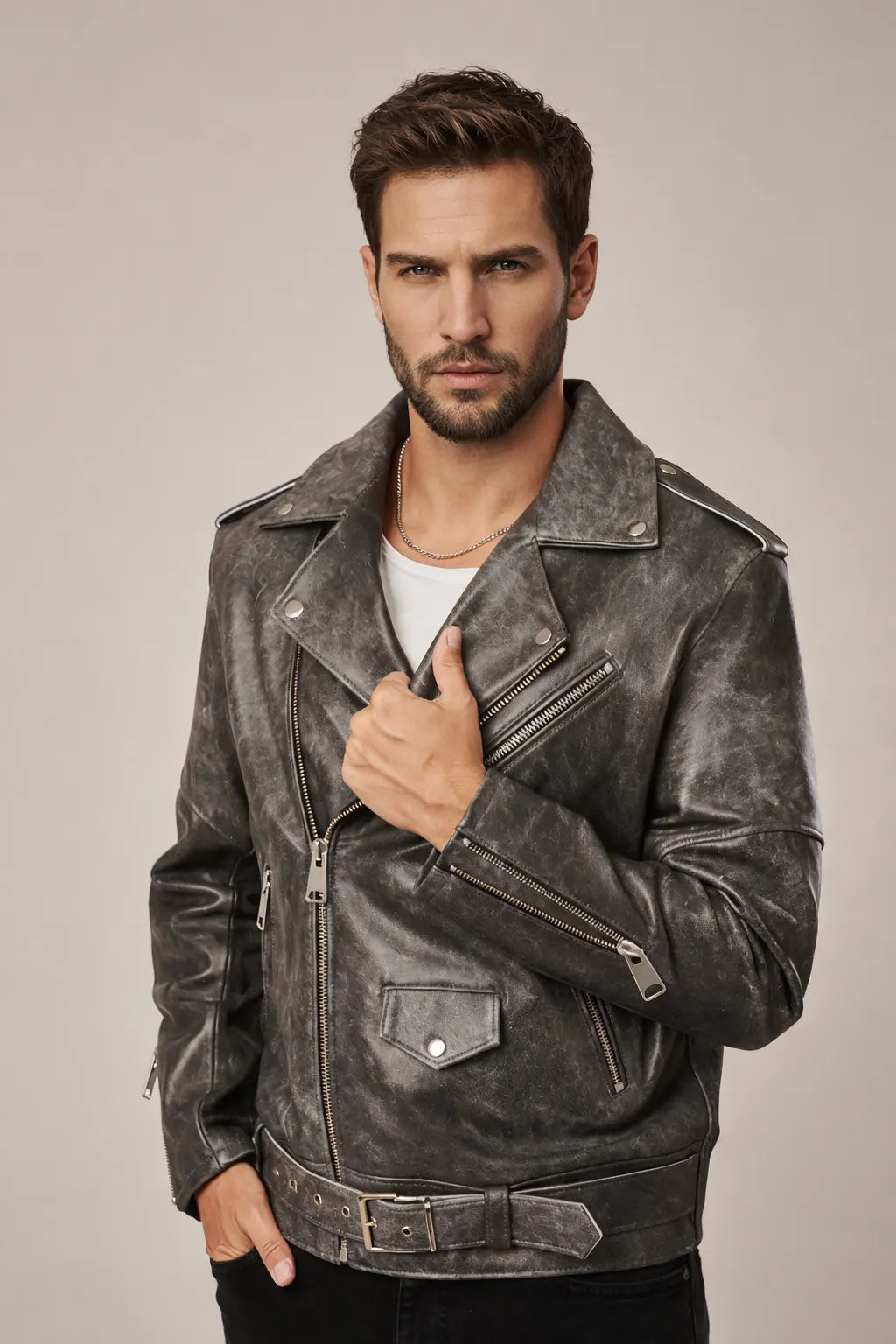 Sowachi Men's Gray Leather Biker Jacket