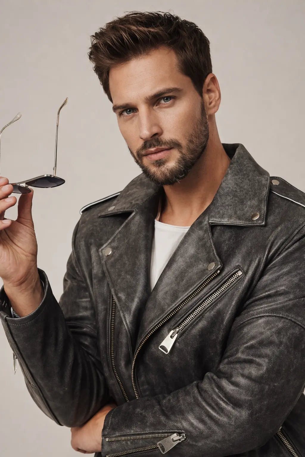 Sowachi Men's Gray Leather Biker Jacket