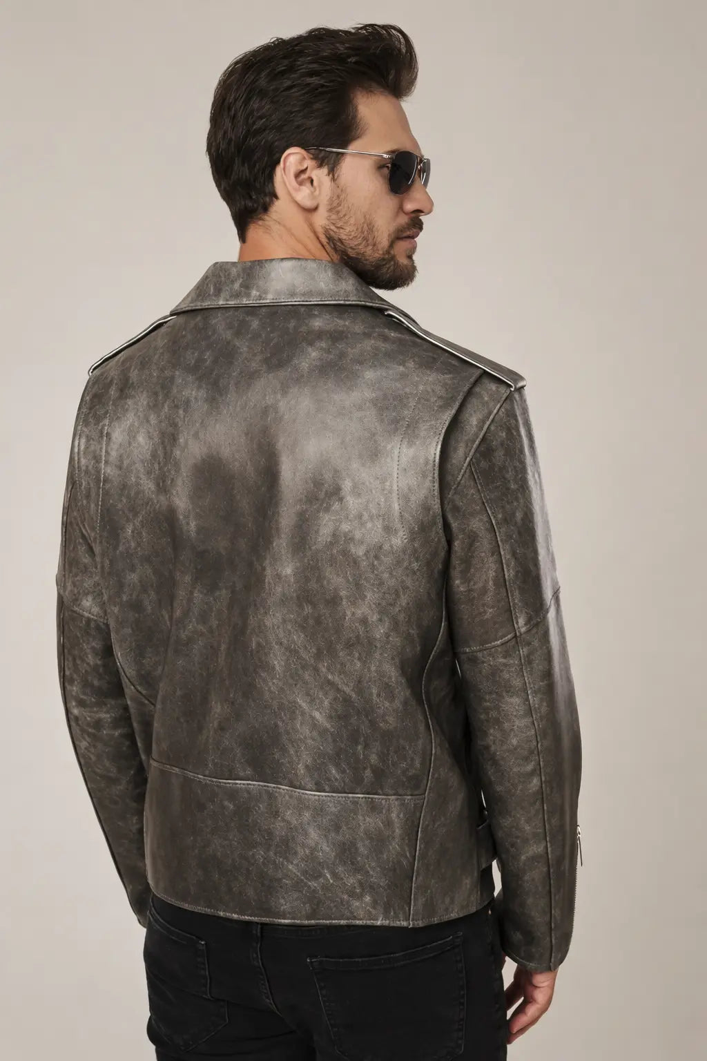 Sowachi Men's Gray Leather Biker Jacket
