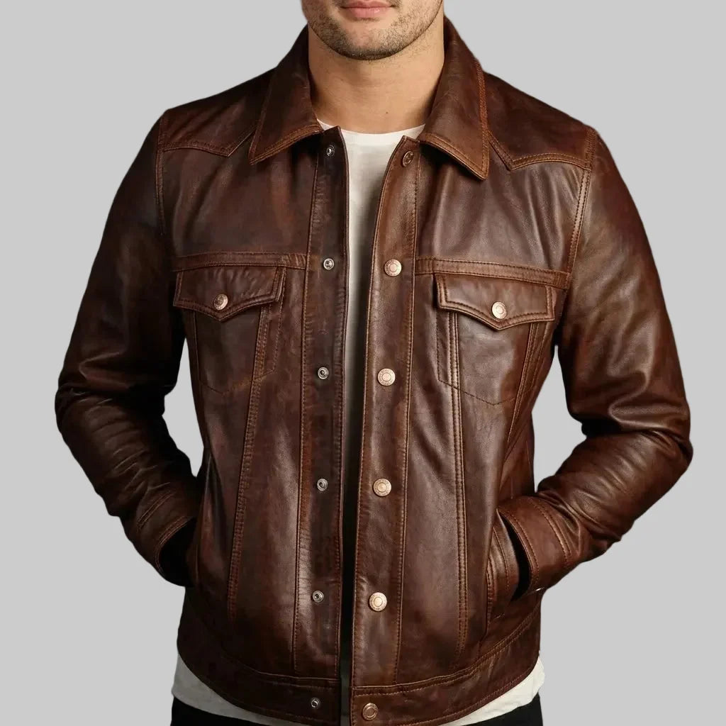 Sowachi Brown Sheepskin Leather Trucker Jacket For Men