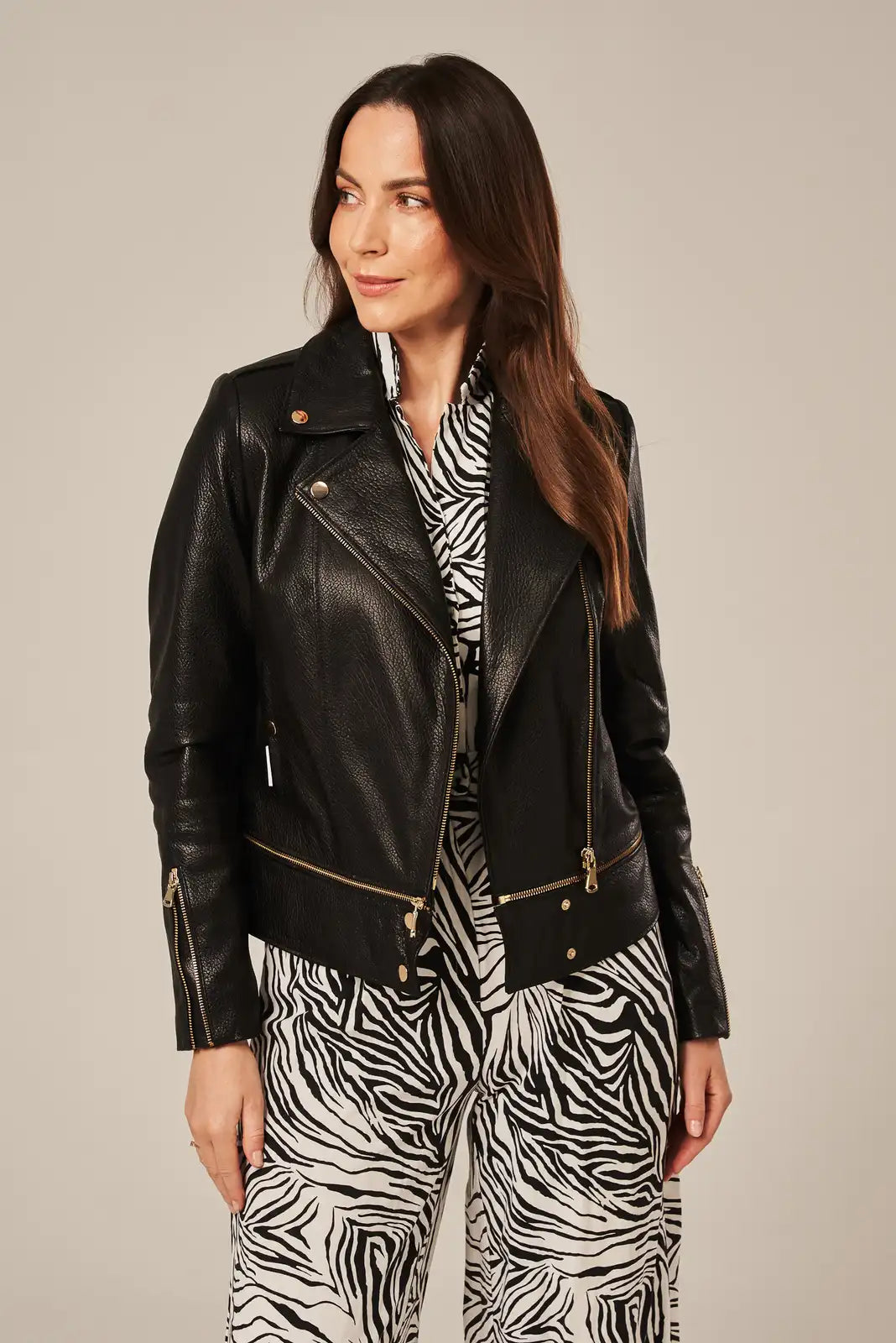 Sowachi Women's Black Sheepskin Leather Biker Jacket