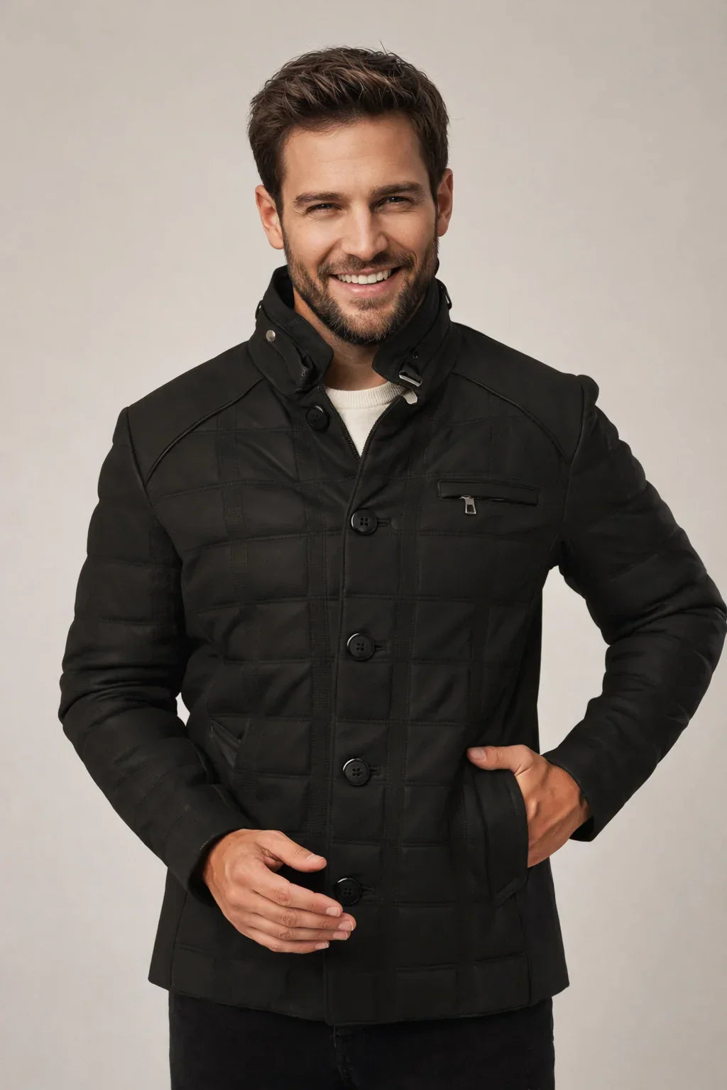 Sowachi Men's Black Leather Quilted Jacket