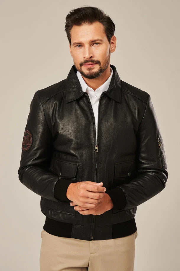 Sowachi Men's Black Bomber Style Flight Leather Jacket
