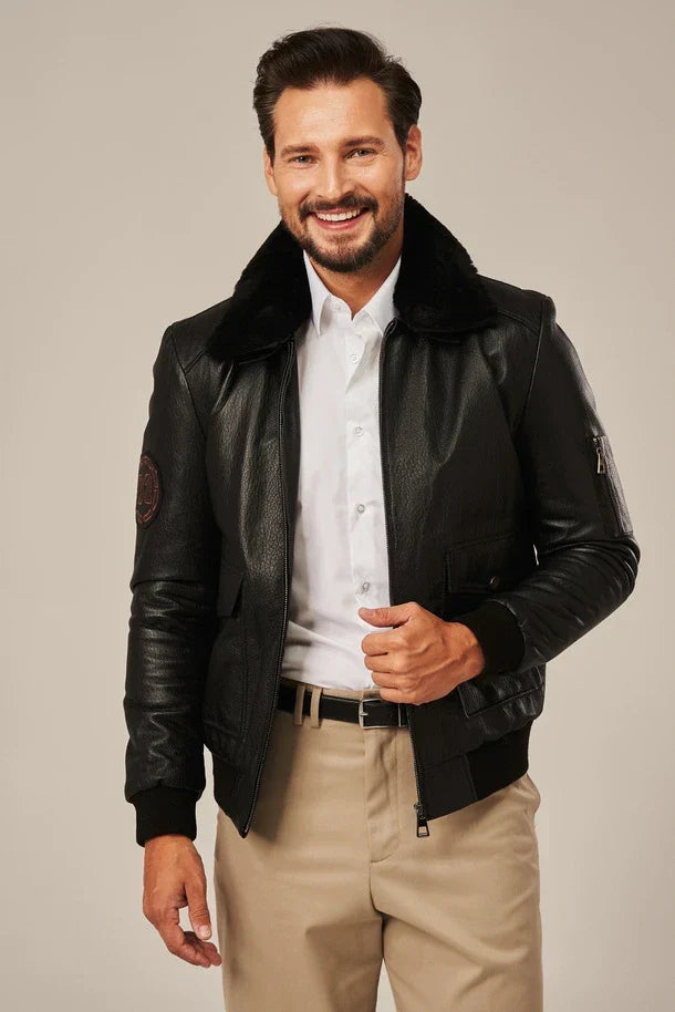 Sowachi Men's Black Bomber Style Flight Leather Jacket
