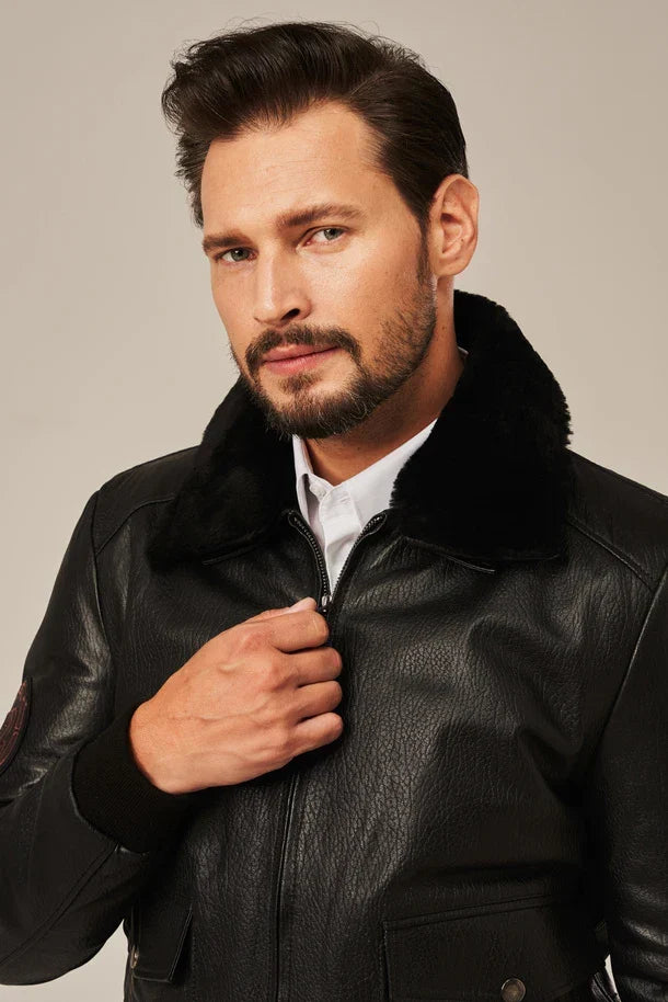 Sowachi Men's Black Bomber Style Flight Leather Jacket