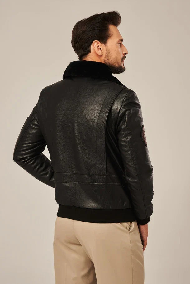 Sowachi Men's Black Bomber Style Flight Leather Jacket