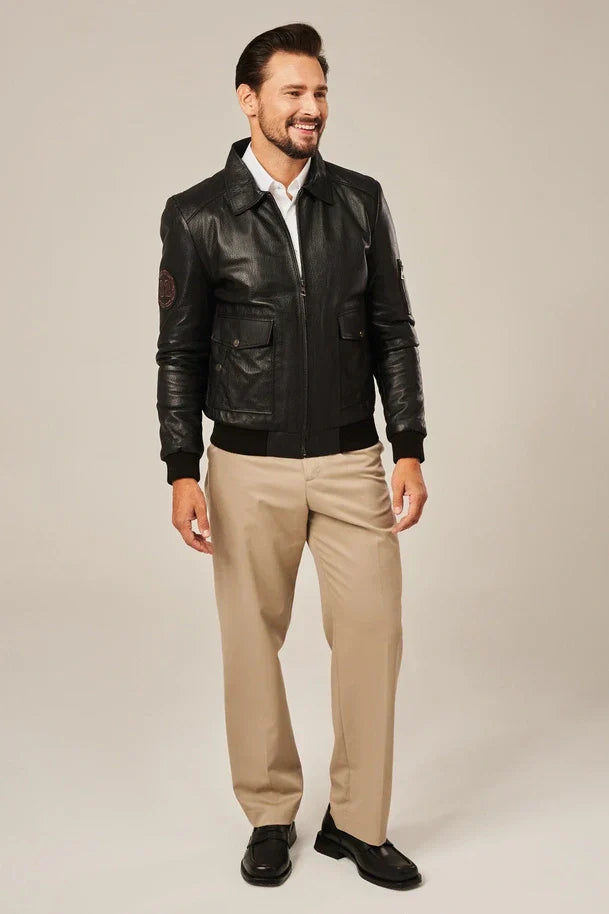 Sowachi Men's Black Bomber Style Flight Leather Jacket