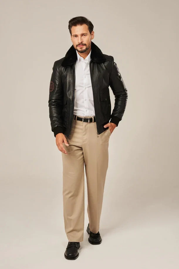Sowachi Men's Black Bomber Style Flight Leather Jacket