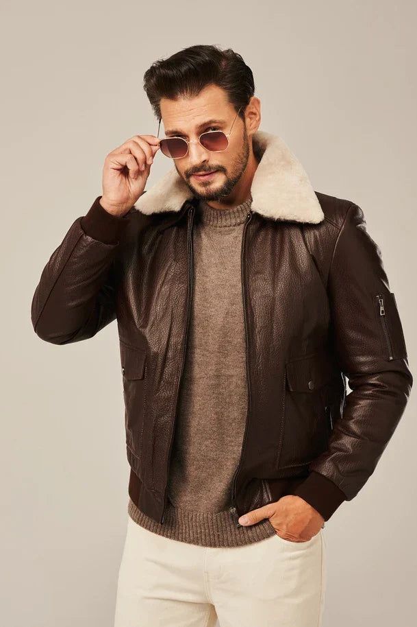 Sowachi Men’s Brown Bomber Style Flight Leather Jacket
