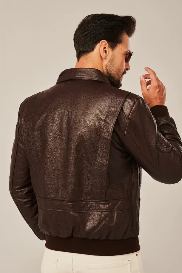 Sowachi Men’s Brown Bomber Style Flight Leather Jacket