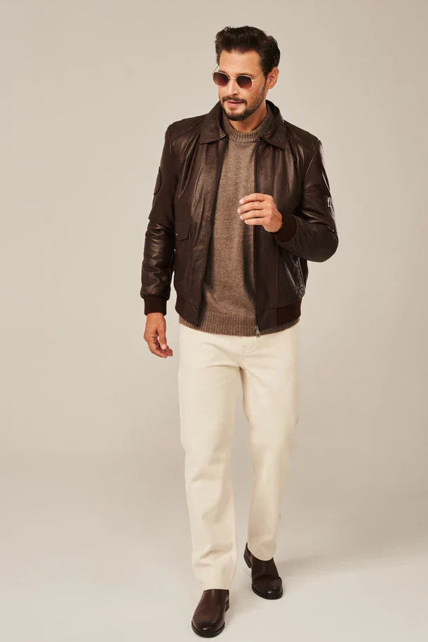 Sowachi Men’s Brown Bomber Style Flight Leather Jacket