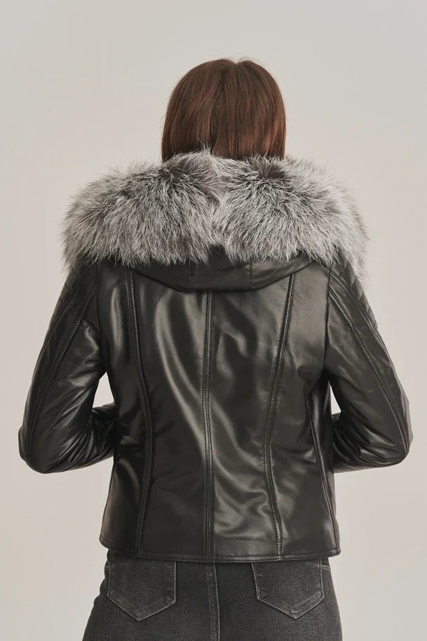 Sowachi Women's Sheepskin Leather Jacket with Shearling Hooded