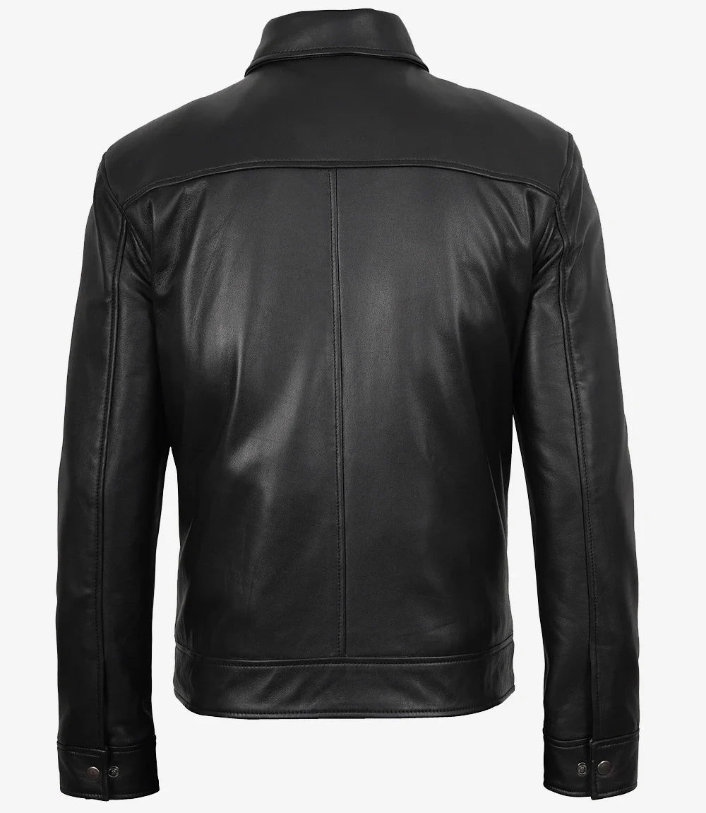 Sowachi Classic Black Leather Harrington Jacket for Men