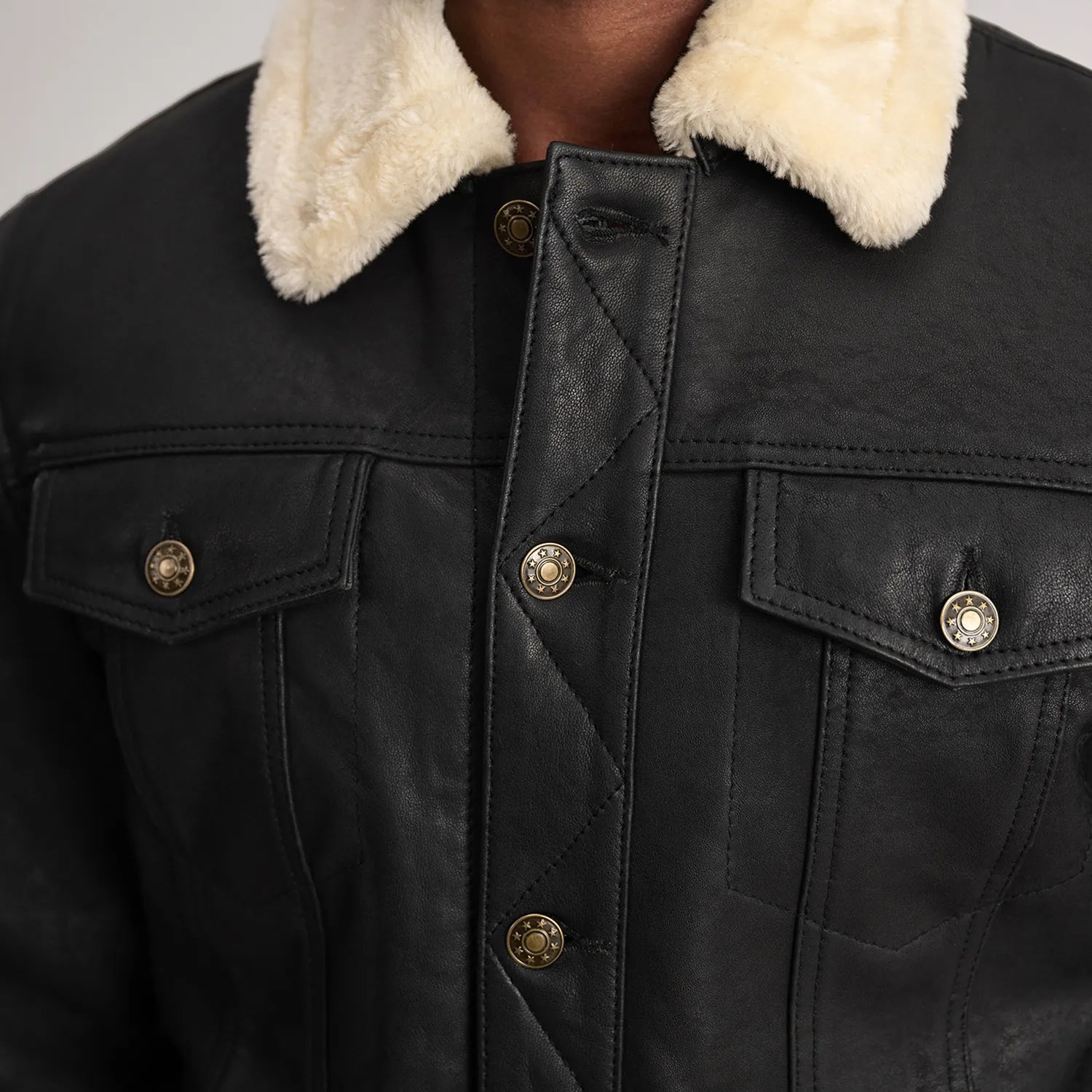 Sowachi Dallis Distressed Black Leather Shearling Trucker Jacket