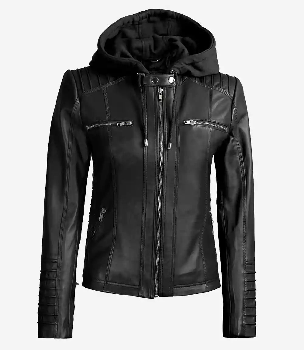 Sowachi Women's Black Sheepskin Leather Jacket with Removable Hood