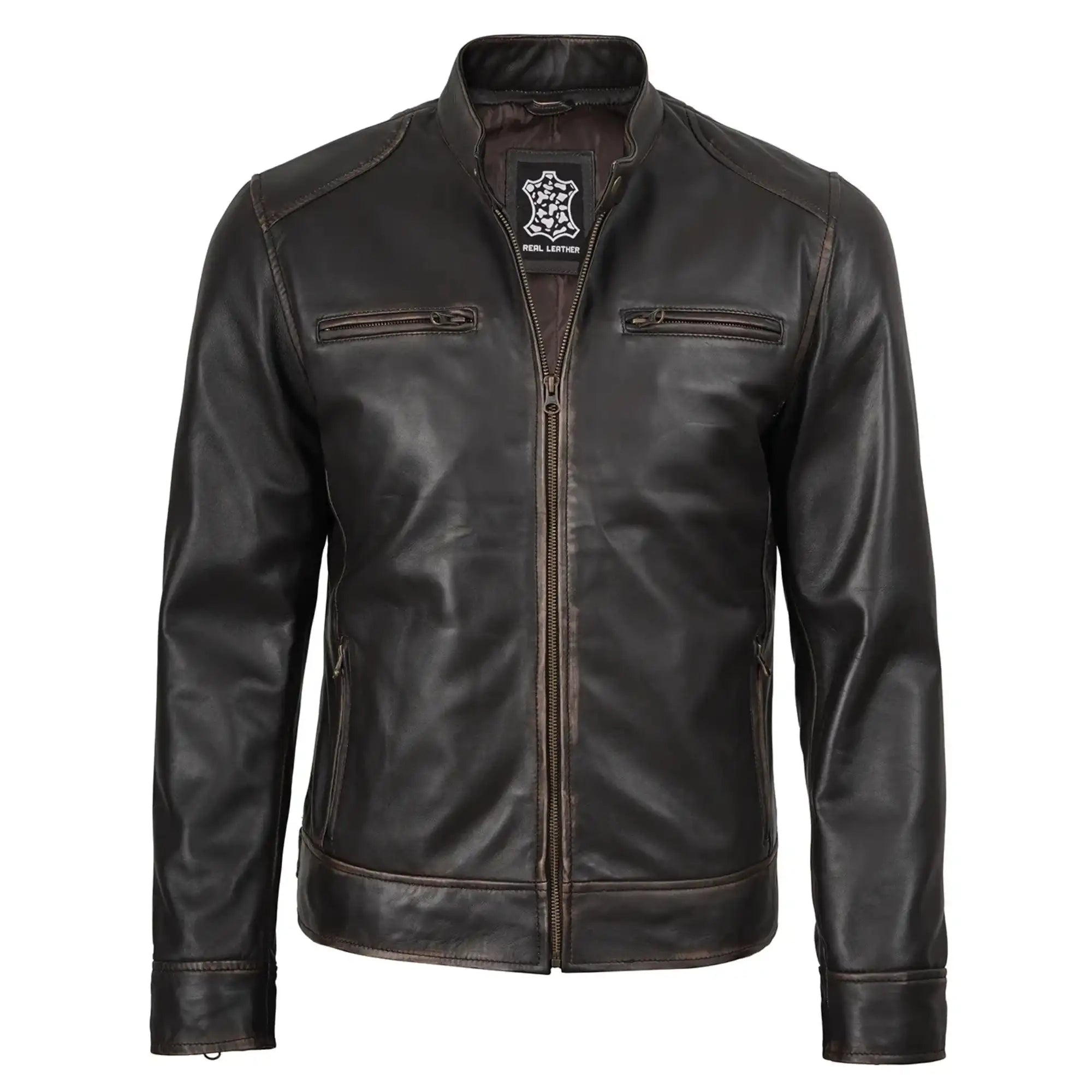 Sowachi Dodge Men's Rub Off Dark Brown Cafe Racer Leather Jacket