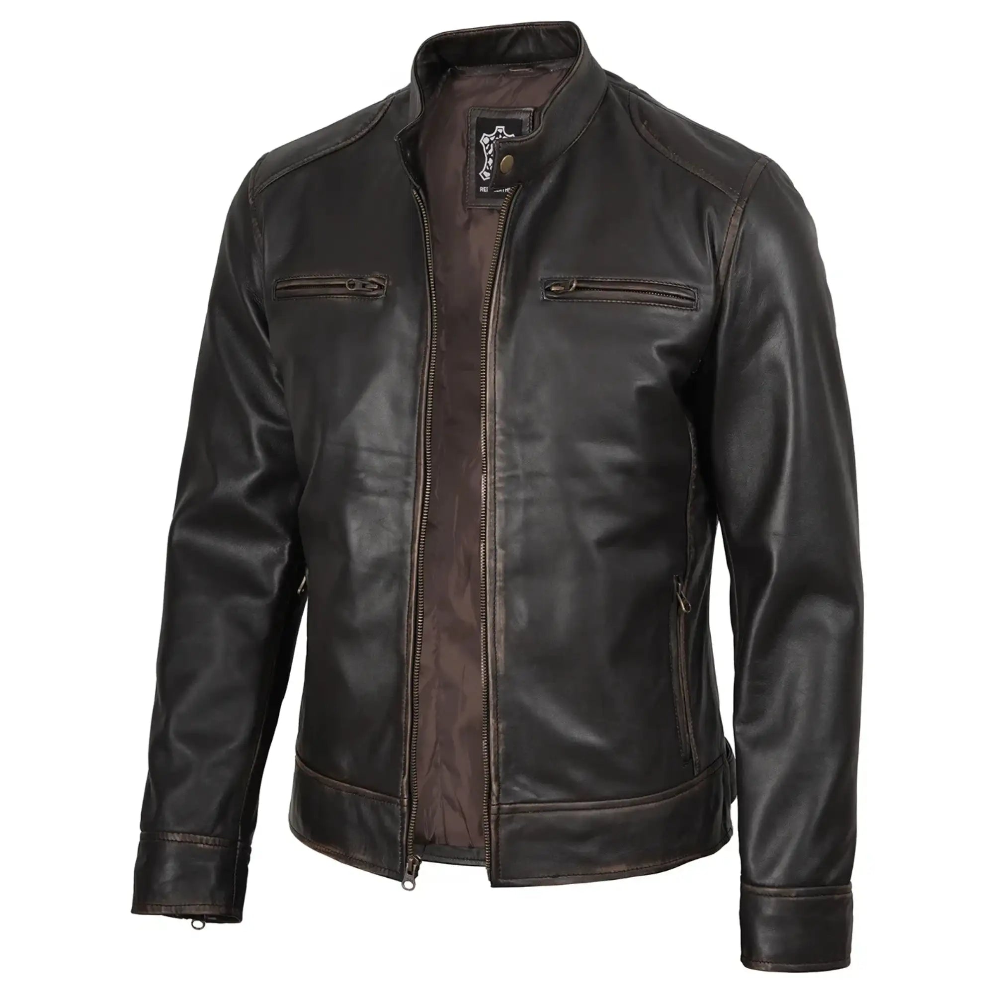 Sowachi Dodge Men's Rub Off Dark Brown Cafe Racer Leather Jacket
