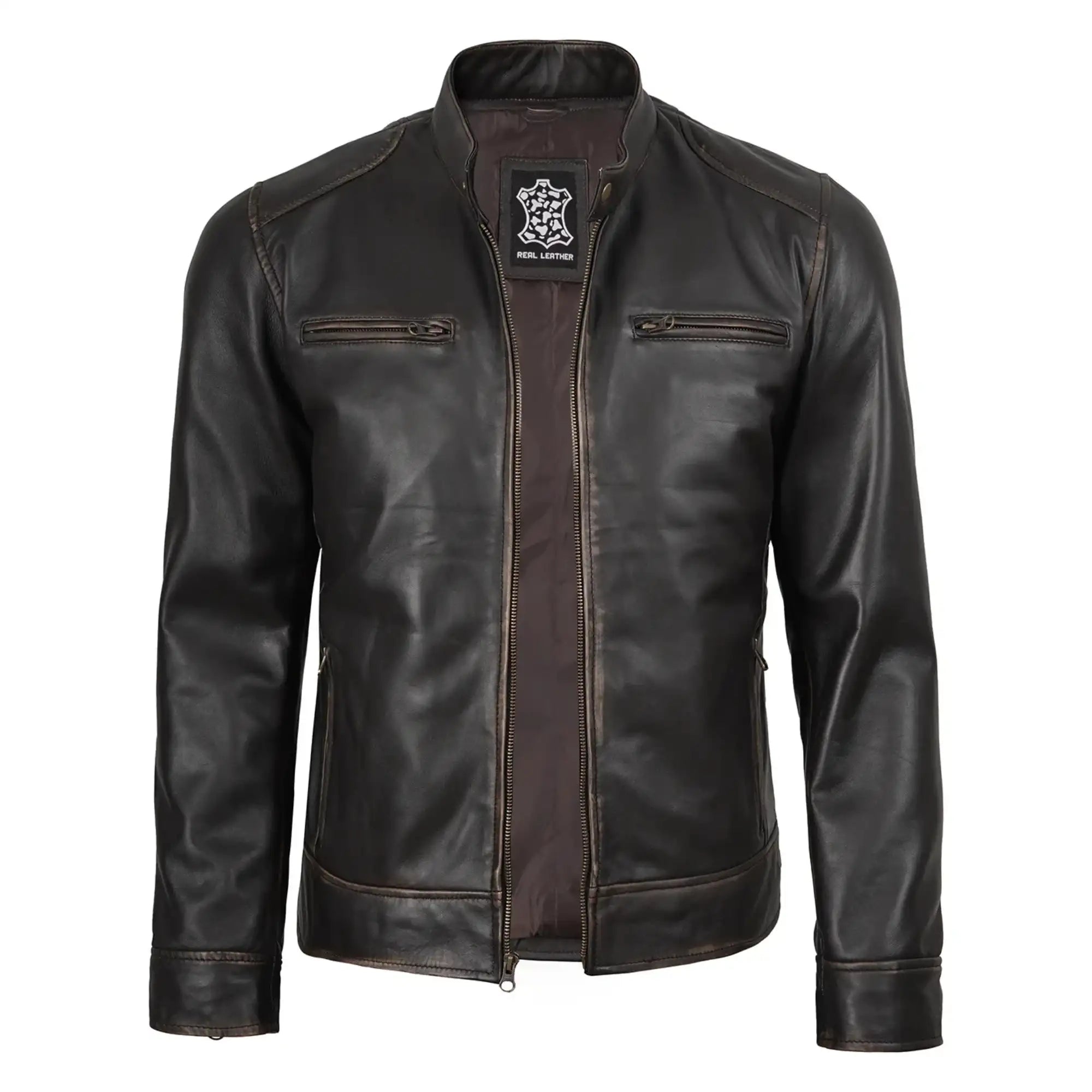 Sowachi Dodge Men's Rub Off Dark Brown Cafe Racer Leather Jacket