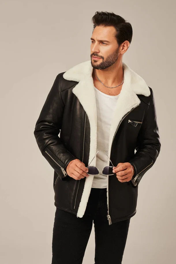 Sowachi Men's B2 Sheepskin Black Shearling Leather Jacket