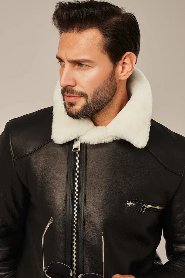Sowachi Men's B2 Sheepskin Black Shearling Leather Jacket