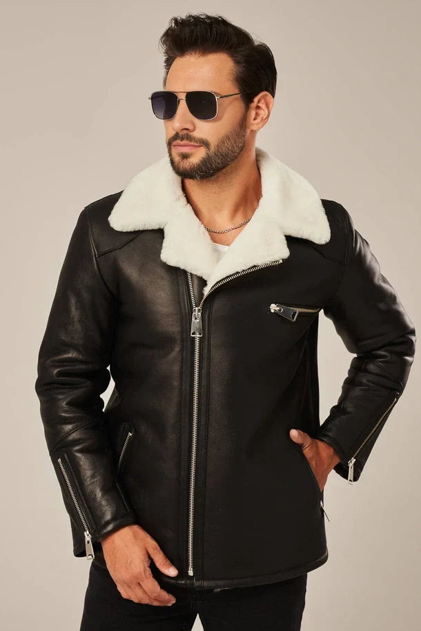 Sowachi Men's B2 Sheepskin Black Shearling Leather Jacket