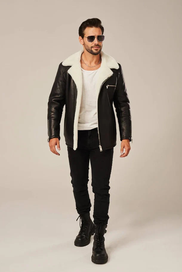 Sowachi Men's B2 Sheepskin Black Shearling Leather Jacket