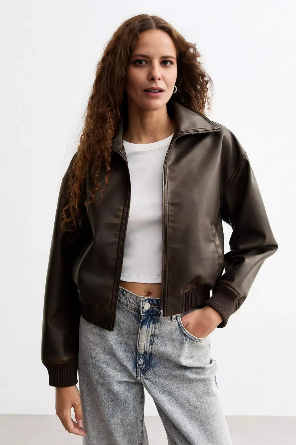 Sowachi Women's Brown Leather Bomber Jacket