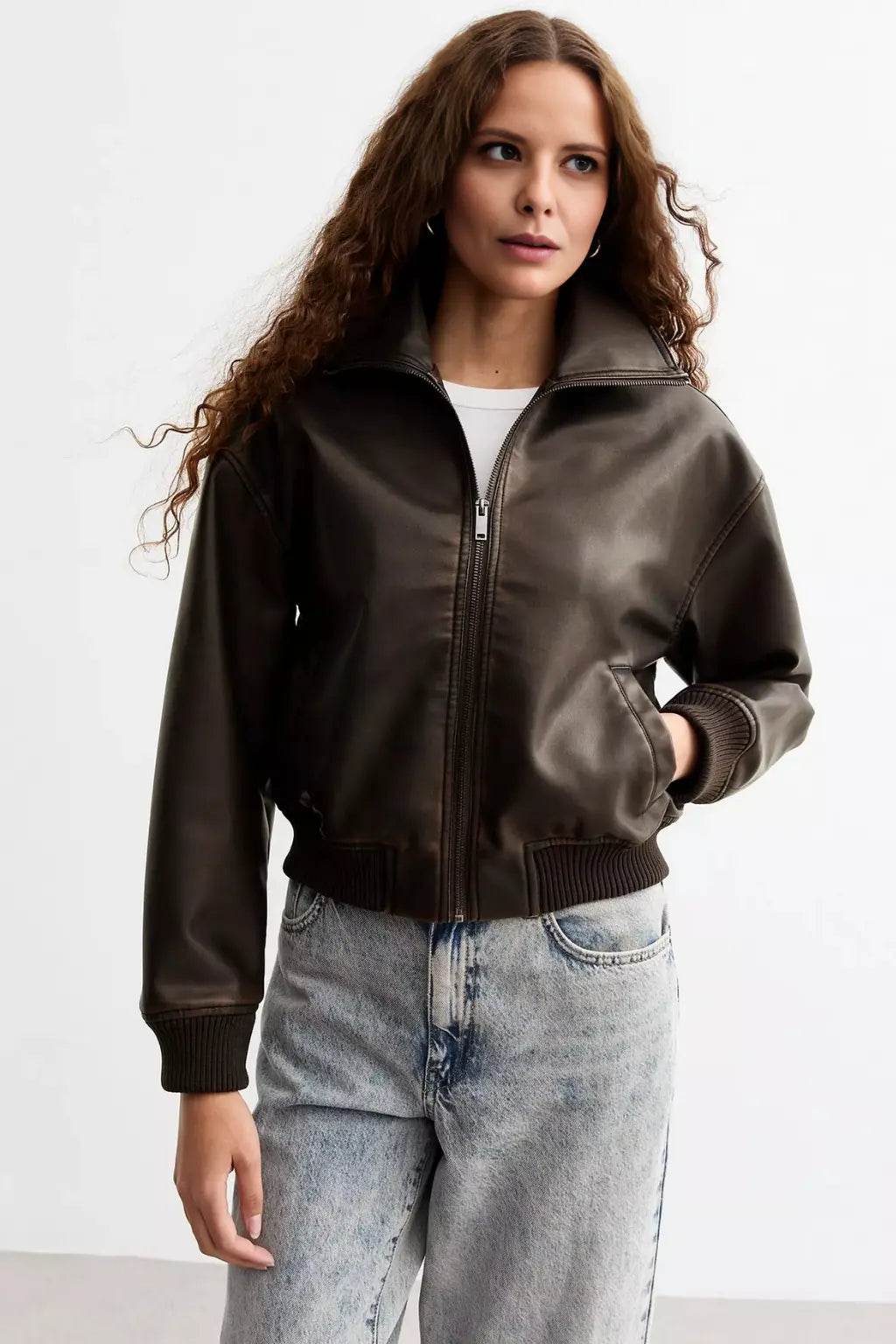 Sowachi Women's Brown Leather Bomber Jacket