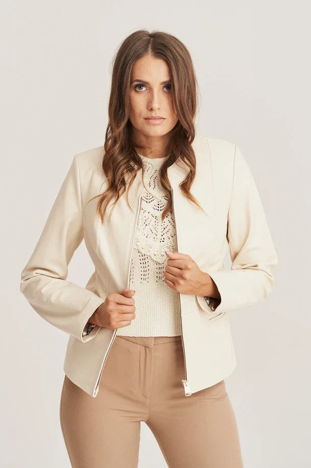 Sowachi Elthia - Women's Collarless Sheepskin Beige Leather Jacket