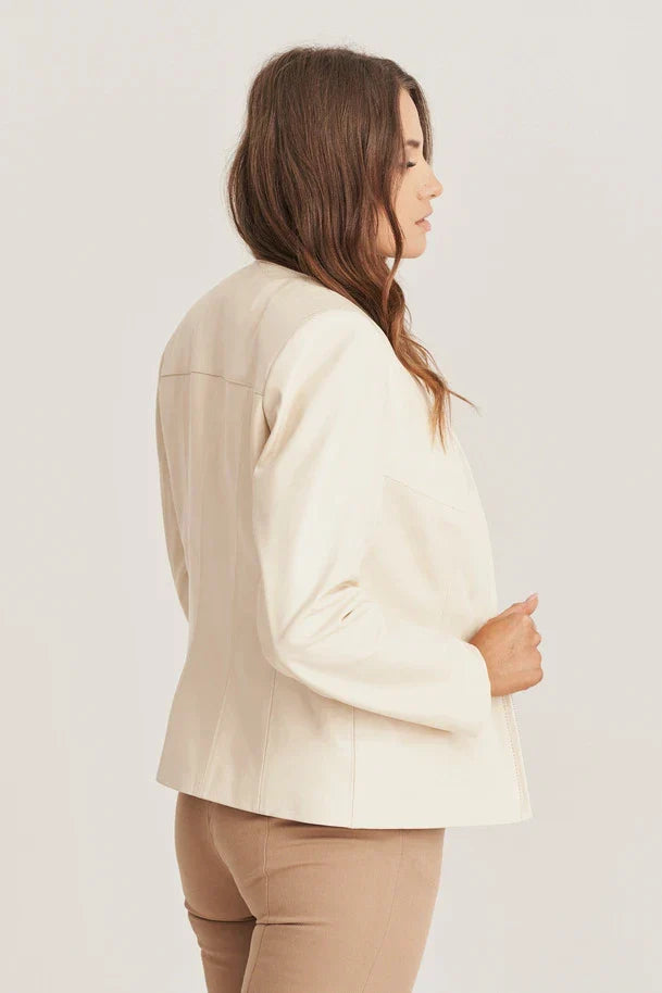 Sowachi Elthia - Women's Collarless Sheepskin Beige Leather Jacket