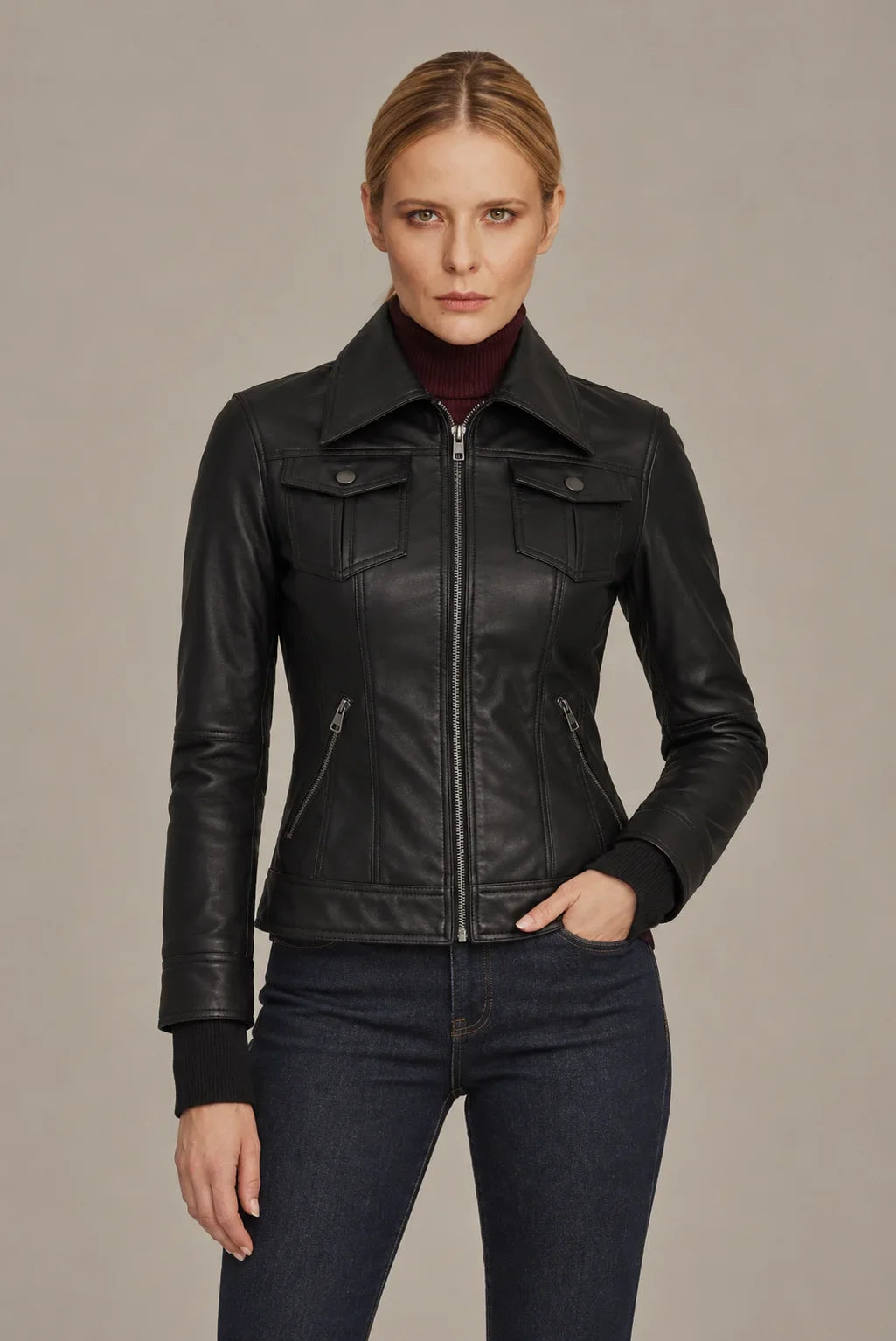 Sowachi Elvaria - Women's Black Bomber Leather Jacket with Removable Hood