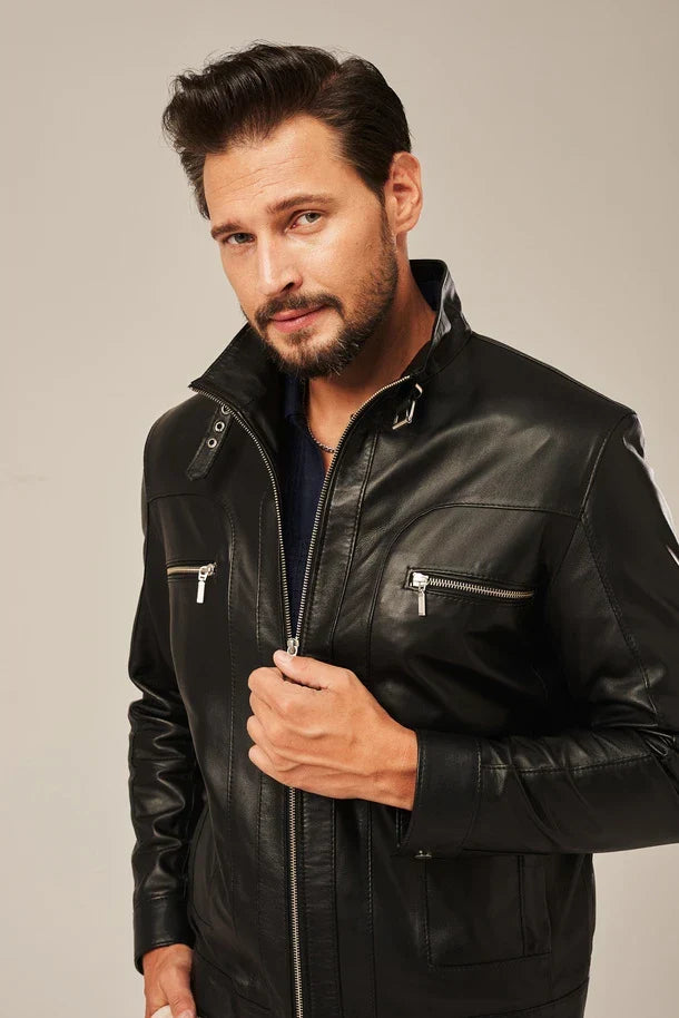 Sowachi Men's Black Sheepskin Leather Moto Jacket