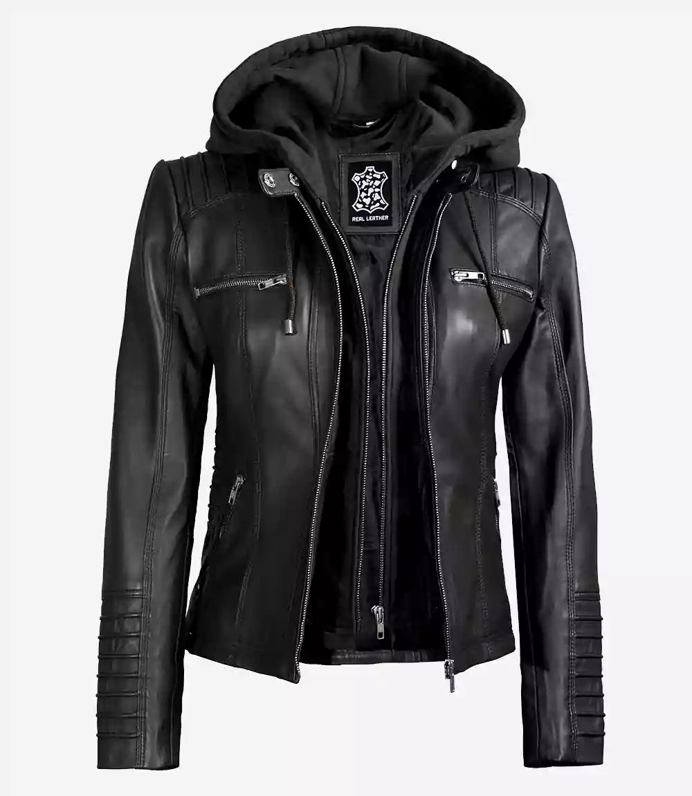 Sowachi Women's Black Sheepskin Leather Jacket with Removable Hood