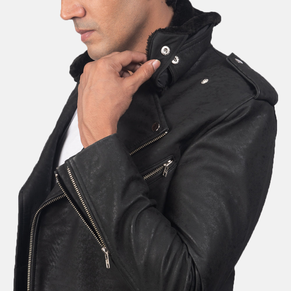 Sowachi Furton Disressed Black Leather Biker Jacket