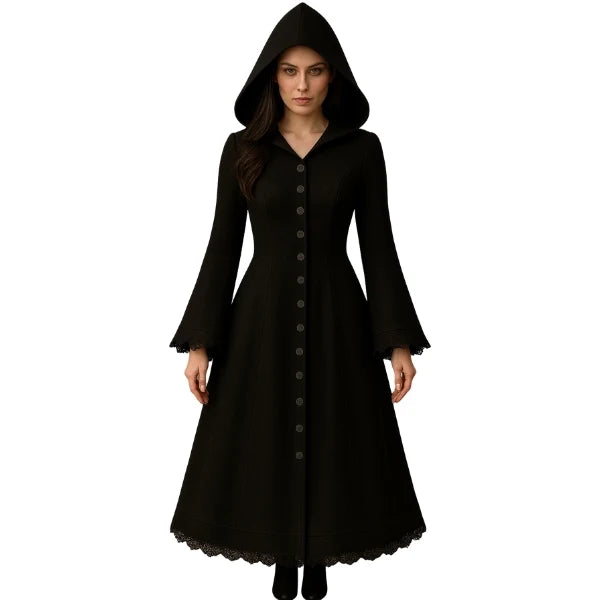Sowachi Vespera - Women's Long Black Gothic Hooded Maxi Coat