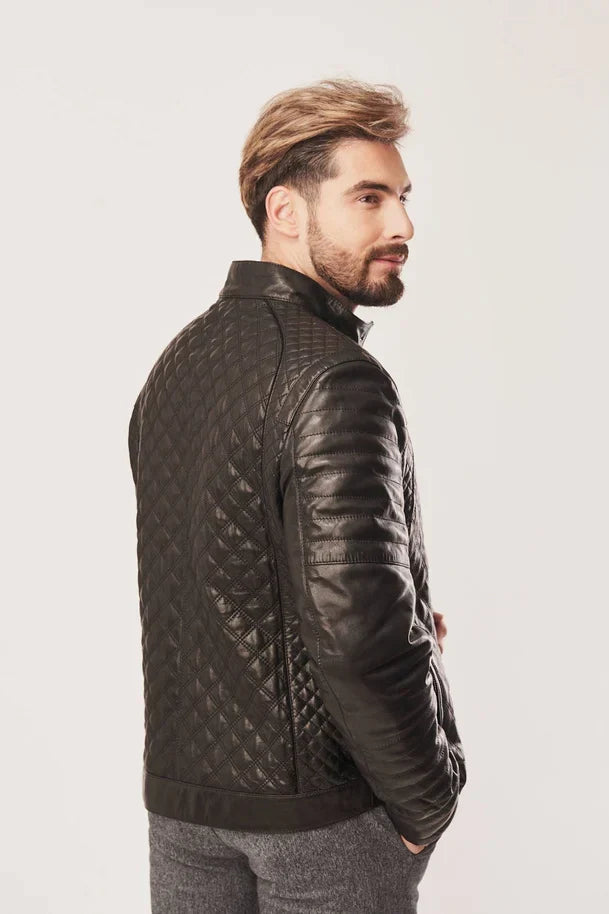Sowachi Men's Black Diamond Quilted Leather Jacket