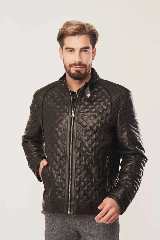 Sowachi Men's Black Diamond Quilted Leather Jacket