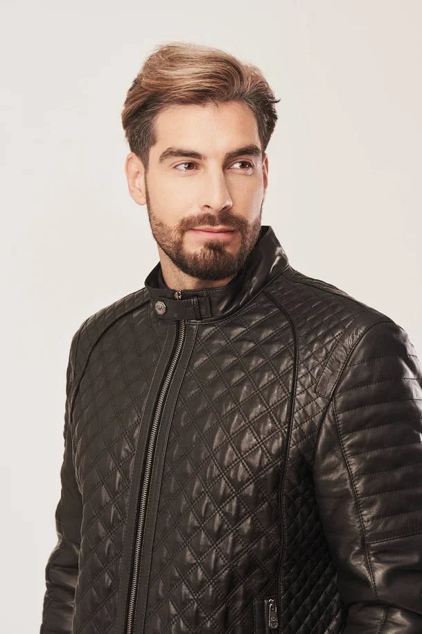 Sowachi Men's Black Diamond Quilted Leather Jacket