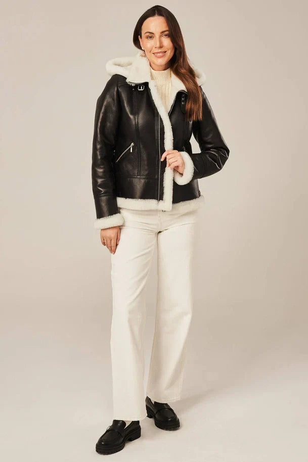 Sowachi Isla - Women's Black Shearling Aviator Leather Jacket