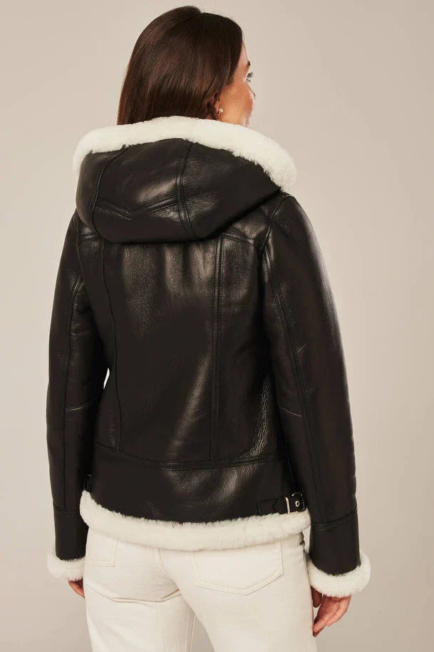 Sowachi Isla - Women's Black Shearling Aviator Leather Jacket