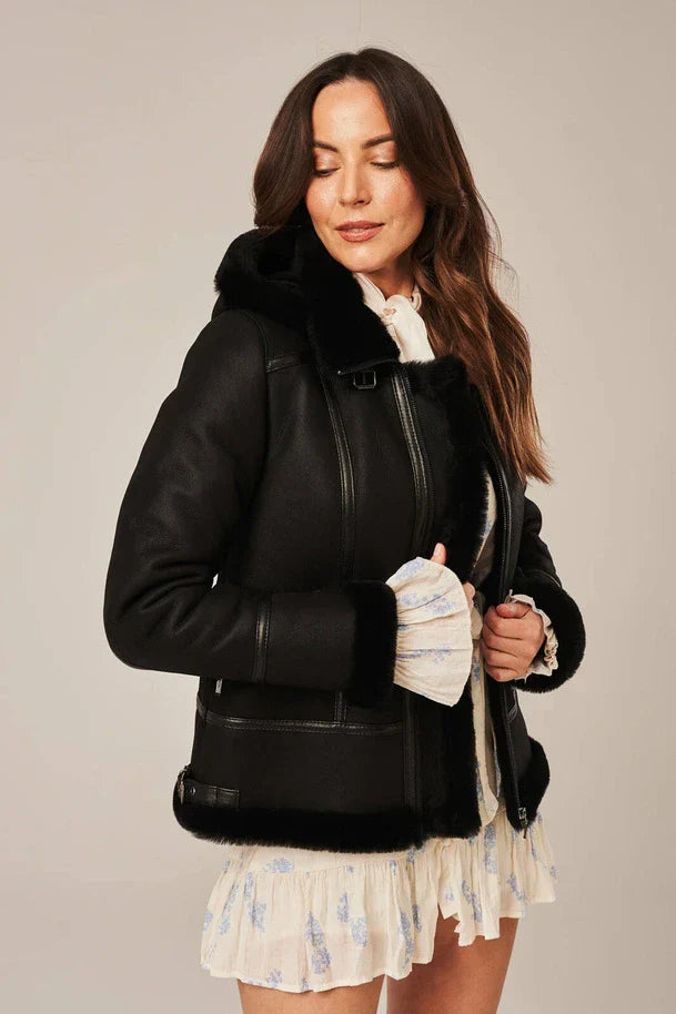 Sowachi Isla - Women's Black Aviator Shearling Leather Jacket