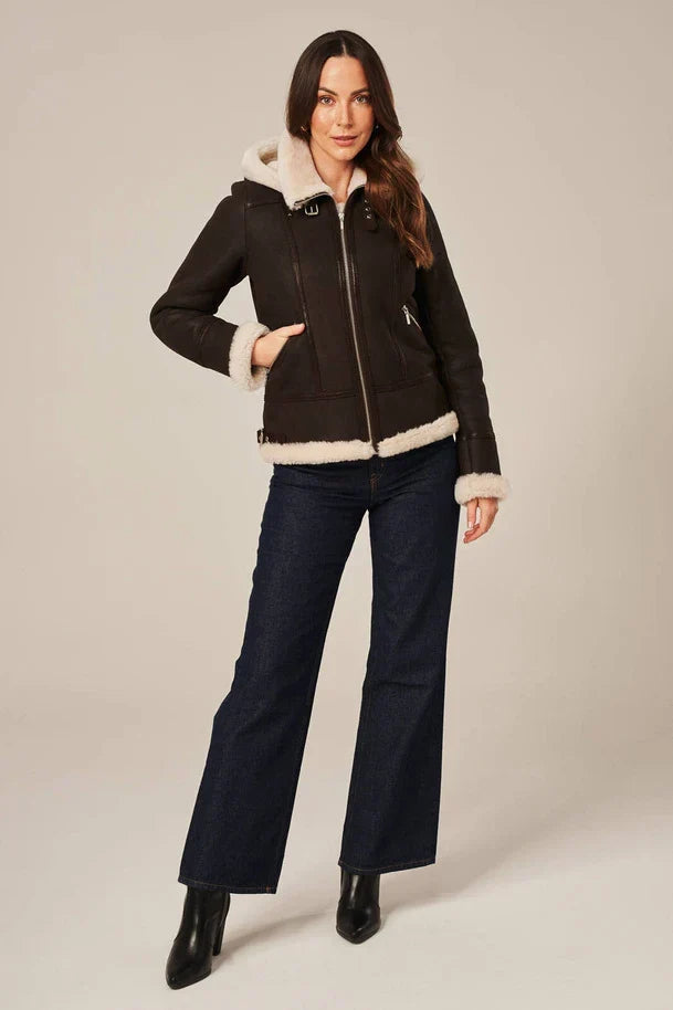 Sowachi Isla - Women's Dark Brown Shearling Aviator Leather Jacket