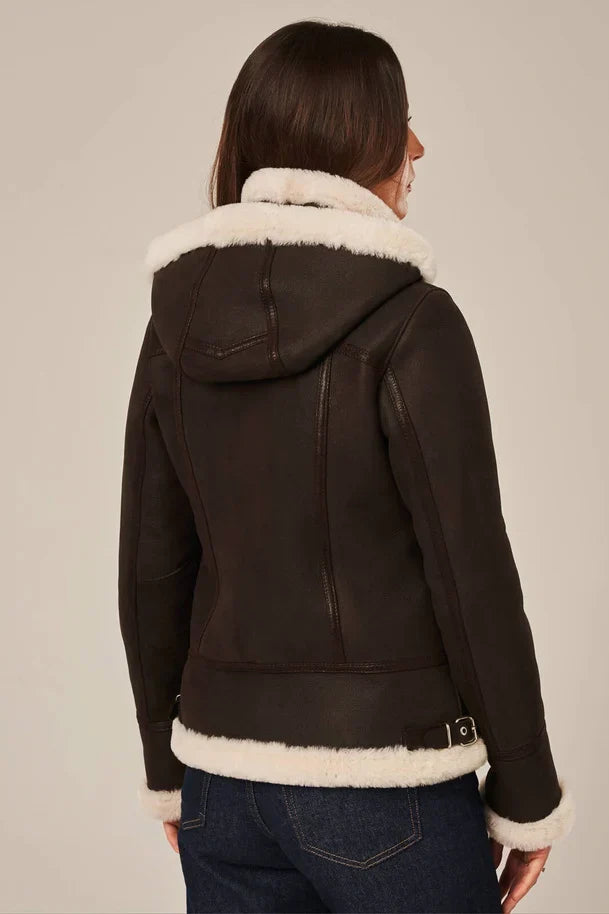 Sowachi Isla - Women's Dark Brown Shearling Aviator Leather Jacket