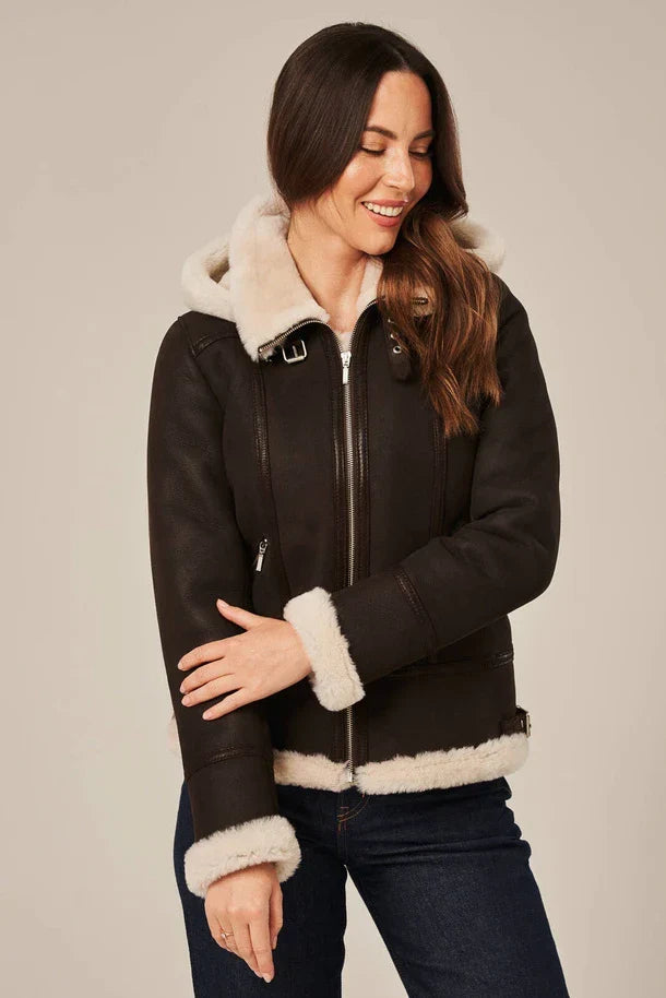 Sowachi Isla - Women's Dark Brown Shearling Aviator Leather Jacket