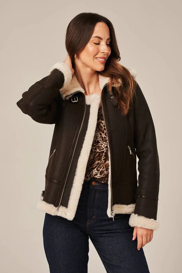 Sowachi Isla - Women's Dark Brown Shearling Aviator Leather Jacket