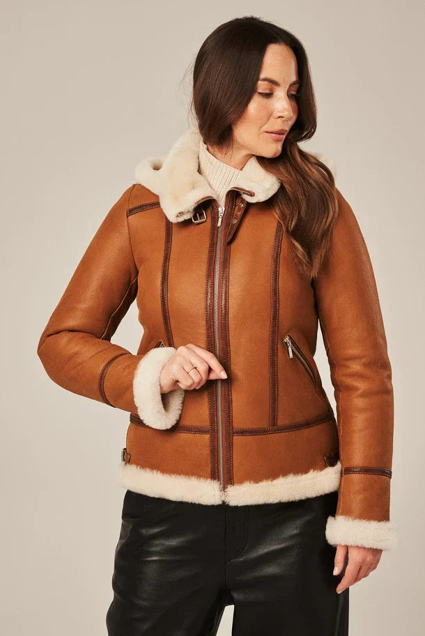 Sowachi Women's Light Brown Shearling Aviator Jacket
