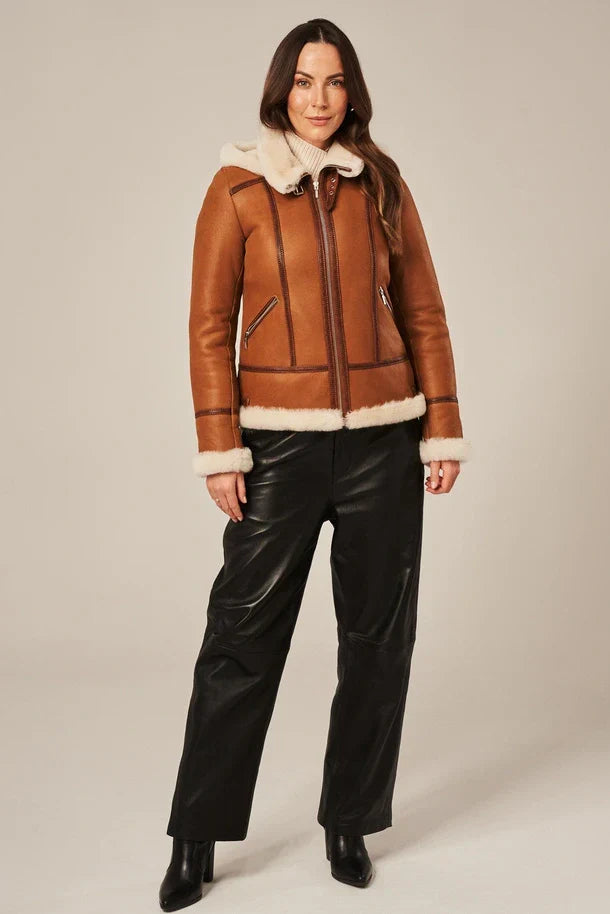 Sowachi Women's Light Brown Shearling Aviator Jacket
