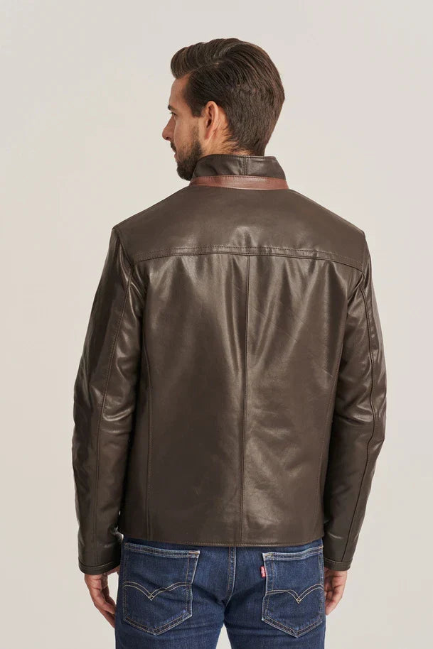 Sowachi Kaiven - Men’s Brown Leather Jacket with Stand-Up Collar